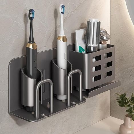 Porta spazzolini elettrico da parete, organizer per il bagno in alluminio, senza foratura, per 4 spazzolini e un bicchiere, dentifricio, 2 scomparti (1/5)