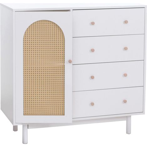 [NON UTILIZZATO] Comò HHG-915, armadietto credenza, 4 cassetti vano portaoggetti, polyrattan MDF melamina 95x100x40cm, bianco