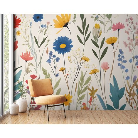 Papier peint fleuri - prairie sauvage aquarelle - 150 x 250 cm (1/2)