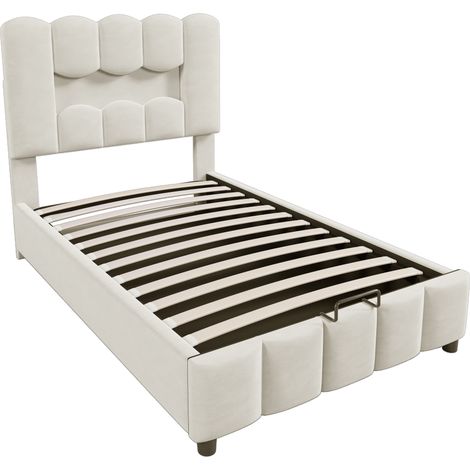 Cama tapizada 90x200 cm con canapé hidráulico y LED, terciopelo beige MODENUIT (1/5)