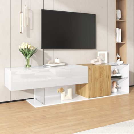 REDOM TV-Kommode 180x38x48 cm, mit Stauraum und Glasregalen, teilweise hochglänzend, Spanplatte, Natur und Weiß (1/5)