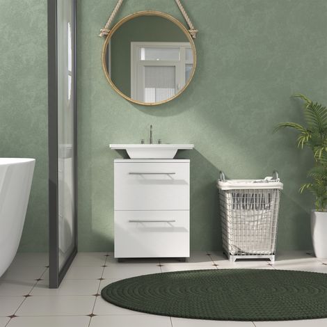Meuble salle de bain, commode lavabo avec tiroir, compact, panneau de particules, blanc (1/5)