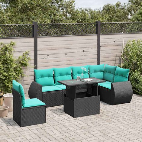 7-teiliges Gartensofa-Set mit Kissen, schwarzes Polyrattan (1/5)