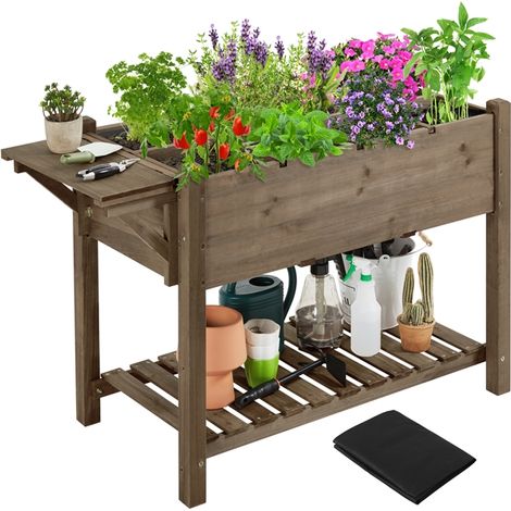 Homevive Huerto Urbano 123,5 x 54 x 80cm Macetero de Jardín Elevado de Madera Maciza con Rejillas de Cultivo Extraíbles y Forro Interior de Tela para Jardín/Terraza/Balcón Marrón Oscuro