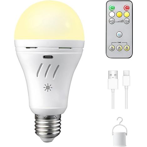Ampoule rechargeable avec télécommande, peut accrocher une ampoule d'urgence de tente, dimmable en trois couleurs, base E27, dimmable, 2200mAh (1/5)