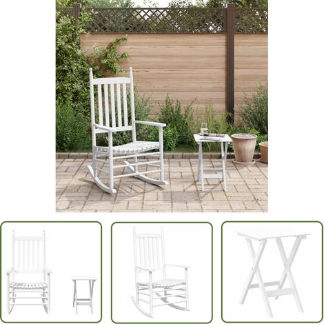 The Living Store Schaukelstuhl mit Klapptisch Weiß Massivholz Pappel - Gartenmöbel - Schaukelstuhl - Holzsessel - Esszimmerstuhl - Balkonmöbel