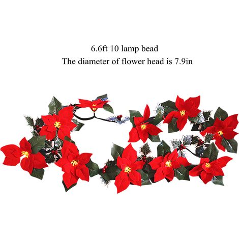 Guirlande lumineuse de fleurs et de baies rouges, fixée par des attaches de câble / Décoration de porte, guirlande festive / 10 fleurs, 10 lumières, 2 mètres de long, diamètre des fleurs : 20 cm / Fle (1/5)