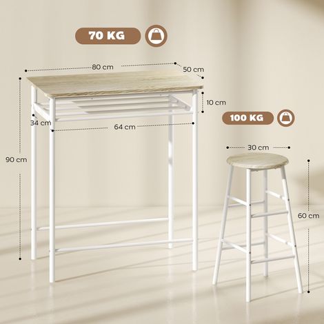 Comptoir de bar scandinave en bois et deux tabourets hauts (avec étagères et repose-pieds), blanc (1/5)