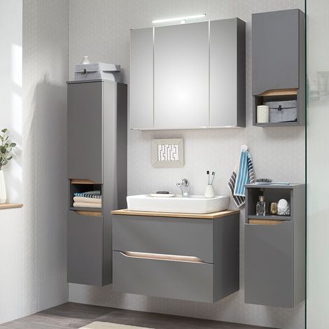 Badezimmer Komplett Set mit Griffbeleuchtung und Keramik Waschbecken QENA-66 in Quarzgrau Matt Touch mit Riviera Eiche Nb., B/H/T ca. 170/190/45 cm (1/5)