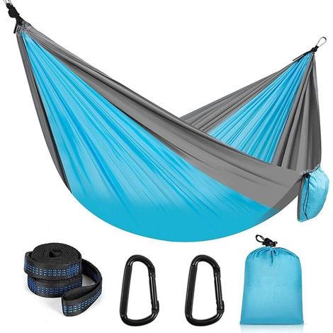 Hamac de camping portable avec 2 sangles d'arbre et 2 mousquetons, accessoires de camping pour randonnée, voyage, plage, cour et jardin.