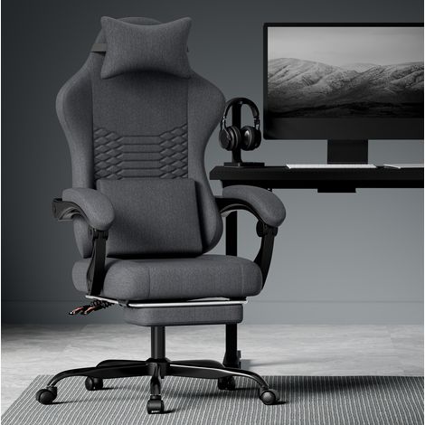 Silla de oficina gaming de tela, ergonómica, con reposapiés, negra DESVIAE (1/5)