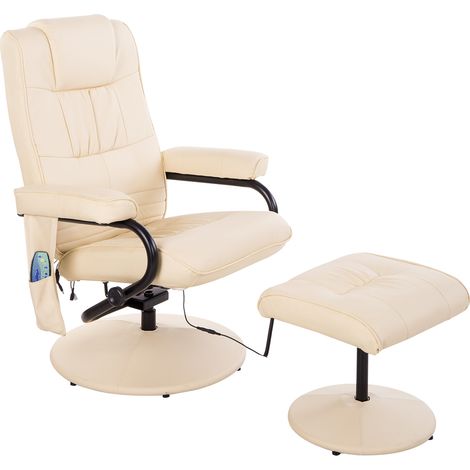Poltrona elettrica girevole e reclinabile con funzione massaggio e poggiapiedi, rivestimento sintetico beige.