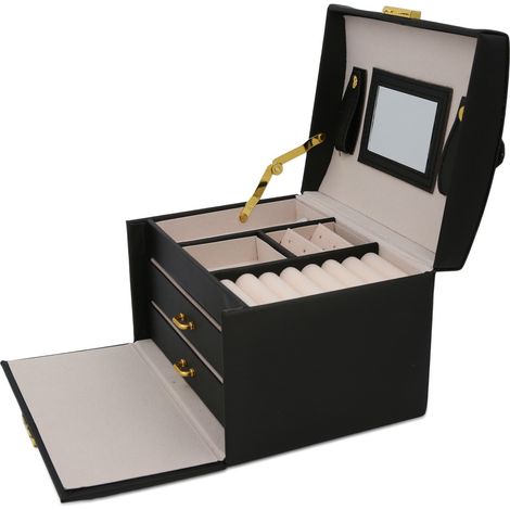 Boîte à bijoux à 3 niveaux, noire, en similicuir, verrouillable et avec miroir, 18 x 13,3 x 13 cm, organisateur de rangement (1/5)