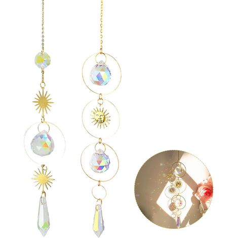 Set di 2 acchiappasole in cristallo da appendere, acchiappasole a prisma arcobaleno con motivo luna e sole argentati, decorazione scintillante per finestre di casa e giardino, idea regalo per donne e  (1/5)