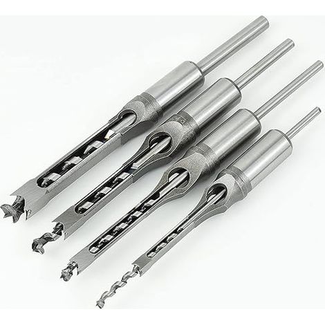Lntyq 4er-Set Vierkantlochbohrer, Stahlhohlmeißel, Zimmerei-Werkzeug-Set für Vierkantlochsäge, Holzbohrer, Vierkantlochbohrer, Stemmmeißel, 1/4", 5/16", 3/8", 1/2" (1/3)