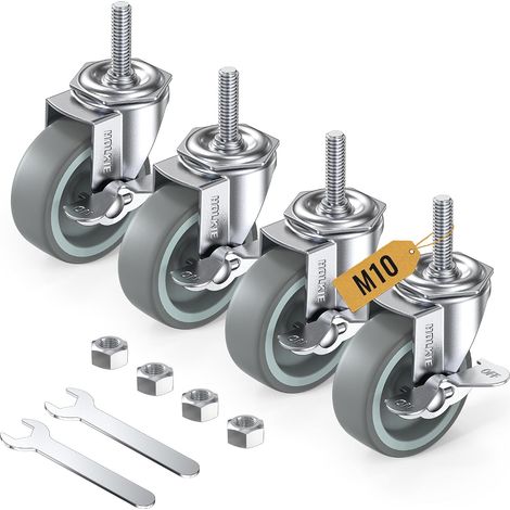 Roulettes pour meubles 75 mm avec freins, M10 x 1,5 x 30 mm Lot de 4 roulettes pivotantes à tige filetée - Roulettes charge lourde verrouillables Gris (1/5)