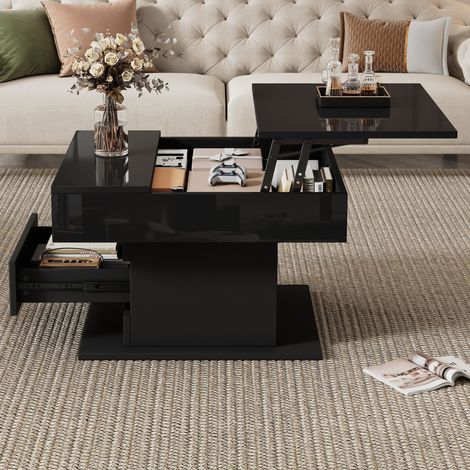 Mesa de centro negra 70x70x45 cm, tapa elevable giratoria 360°, 1 cajón, almacenaje, MEUBLIV (1/5)