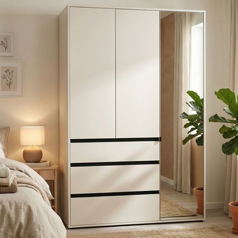 Ilbonoo Kleiderschrank 3 Türen, Schlafzimmer-Schrank mit 4 Einlegeböden, 3 Schubladen, Kleiderstange, 138x55 cm, Weiß (1/5)