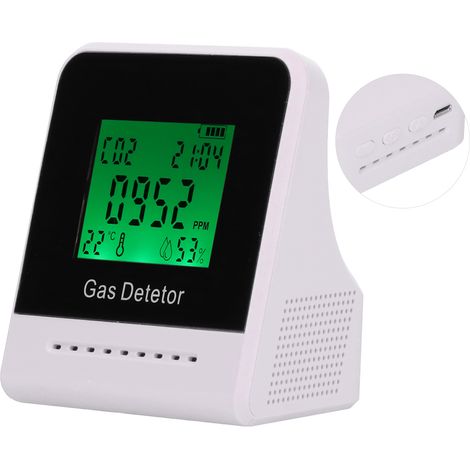 Détecteur multifonctionnel de qualité de l'air (400-5000 ppm), détecteur de dioxyde de carbone avec horloge, détecteur de température et d'humidité, rechargeable par USB, blanc (1/5)