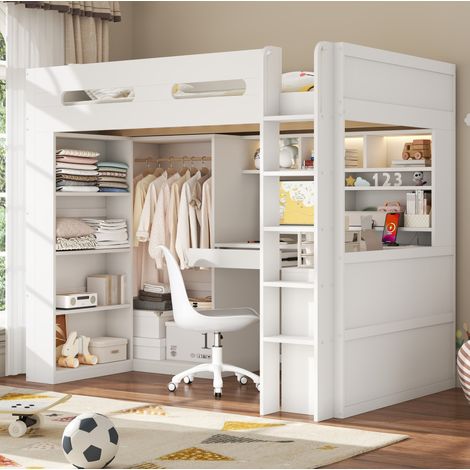 Hochbett 90x200 cm mit Schreibtisch, Kleiderschrank, Schublade und Regalen, weiß HAVRYA (1/5)