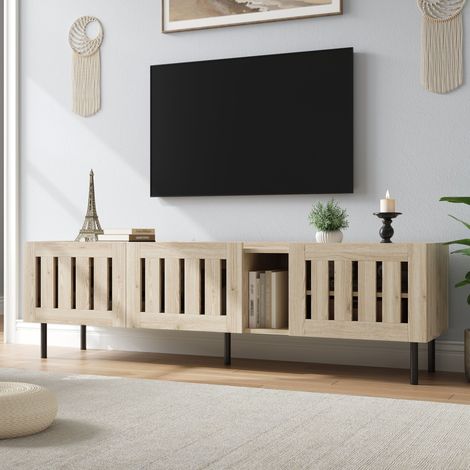 Meuble TV 160 cm bois naturel, portes ajourées, rangement, passe-câbles, 5 pieds, MDF (1/5)