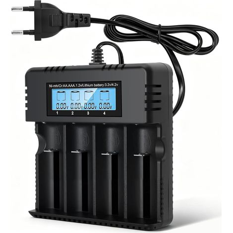 LCD Chargeur de Piles, Chargeur de Batterie Intelligent 4 Ports 3.7V, Chargeur Rechargeable Universel Batteries, Compatible pour 3.7V 26500/18650/14500/16340/AA/AAA (1/5)