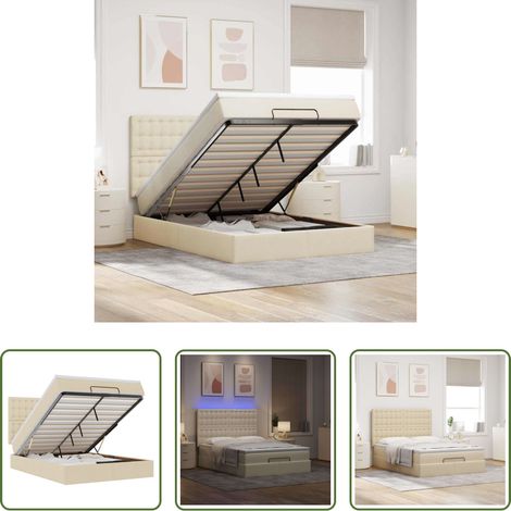 vidaXL LED-Beleuchtung - Ottoman-Bett mit Matratze & LEDs Creme 140x190 cm Stoff (1/5)