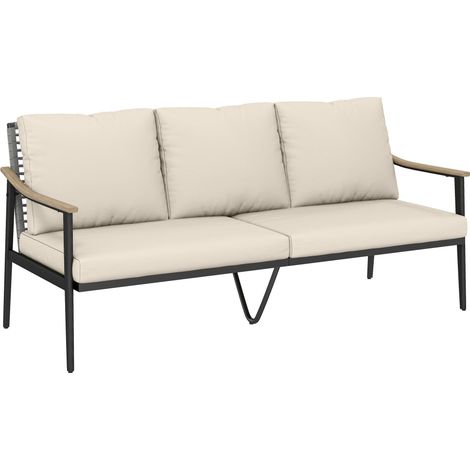 3-Sitzer-Gartensofa aus Rattan mit Kissen und Stahlrahmen