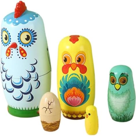 Lot de 5 poules russes en bois, décoration de bureau, ferme (1/5)