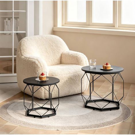 Lot de 2 tables basses rondes 50x45x50 cm et 40x36x40 cm noir en métal et bois avec rangement (1/5)