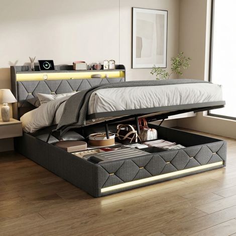 Lit coffre 140x200 cm, lit adulte double avec sommier à lattes, éclairage LED, tête de lit avec rangement, chargeur sans fil, Ports USB intégrés, lin capitonné - Gris (1/5)