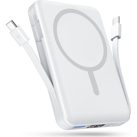 Batterie Externe avec MagSafe, 10000mAh Magnetique Power Bank Deux Câbles USB-C Intégrés, 20W PD Charge Rapide, Affichage LED, Powerbank sans Fil pour 17/16/15/14/13/12 Séries (1/5)