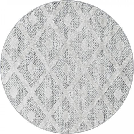 Tapis salon et chambre Ø200cm gris et blanc rond tissé motif scandinave PISTIOUM