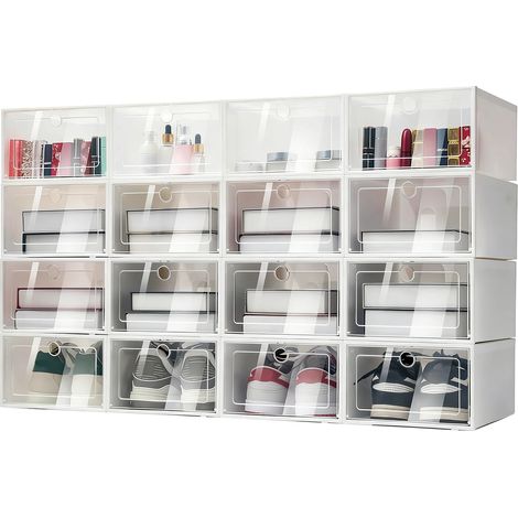 Boîte de rangement pour chaussures, design empilable, structure ventilée, Blanc 16 pièces (1/2)