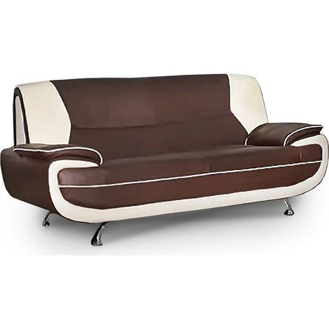 Mobilier Deco – Canapé droit 3 places en simili cuir marron et blanc – Dossier haut et accoudoirs rembourrés – Pieds chromés – Dimensions 190x87x89cm (1/2)