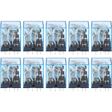 Set de 10 relais intermédiaires miniatures MY4N-J, 14 broches, 4NO 4NF, bobine 110V, usage industriel, connectique standard, composants électriques fiables. (1/5)