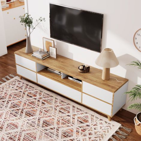 Mueble de TV blanco y madera, mueble de salón bajo con múltiples espacios de almacenaje, 175x37x51 cm (1/5)