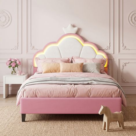 Timpfee - Lit princesse 140x190 en velours - Tête de lit réglable - Éclairage LED - Sommier à lattes - lit fille - Rose et blanc