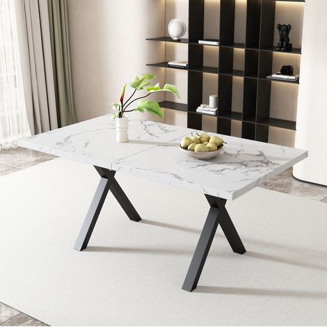 Table rectangulaire MDF effetto marmo bianco 140x80x76 cm con gambe incrociate in metallo (1/5)