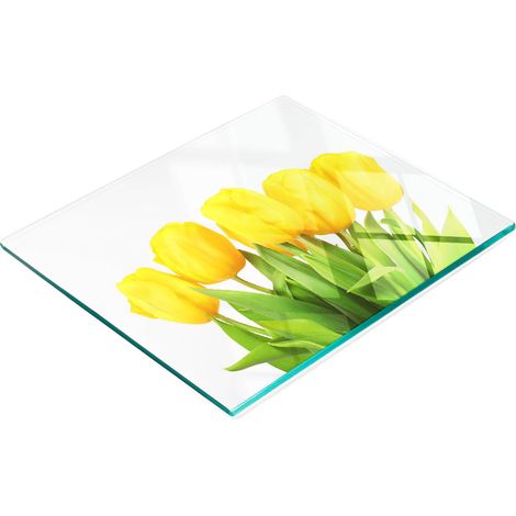 Piatto decorativo multifunzionale in vetro per cucina, con tulipani gialli, 60x52 cm. (1/5)