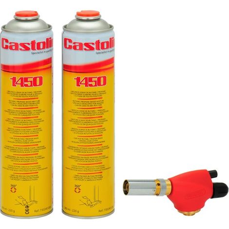 Castolin – Chalumeau soudeur à flamme bi-gaz – 2 bouteilles de gaz type 1450 – Allumage piézoélectrique – Pour brasage et chauffage à la flamme