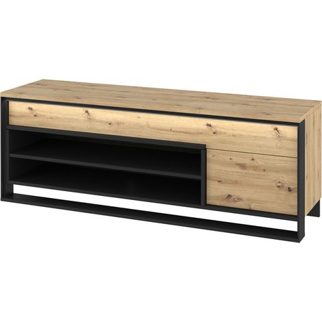 Selsey QUANT - TV-Lowboard in Eiche Artisan mit schwarzem Metallgestell und LED-Beleuchtung, 155 cm breit (1/5)