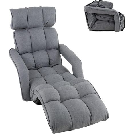 COSTWAY Poltrona Salotto da Terra, Sedie Pieghevoli Imbottita Chaise Longue Reclinabile in 5 Posizioni, con Regolabili Braccioli Schienale, per Yoga Relax Meditazione, 195x73x19 cm(Grigio) (1/2)