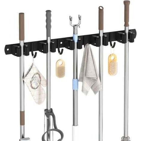 BUNTHAUS PA Aiperq Accroche Balai Mural, Porte Balai Mural avec 5 Support et 4 Crochets, Range Balai Mural en Acier Inoxydable pour la Cuisine, Le Garage, Le Jardin, Noir (1/4)