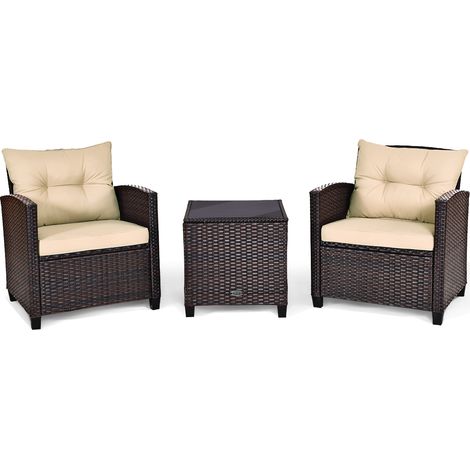 Set 3 pezzi rattan PE esterno cuscino lavabile superficie vetro temperato divano cortile marrone (1/4)