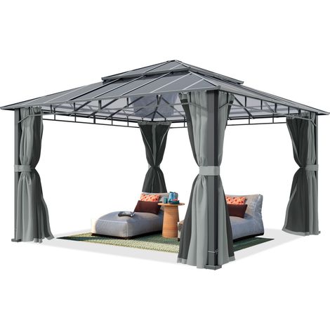 TOOLPORT Pavillon de jardin 4x4 m cadre alu, toit polycarbonate 8 mm, gris - avec parois latérales et moustiquaires (1/5)