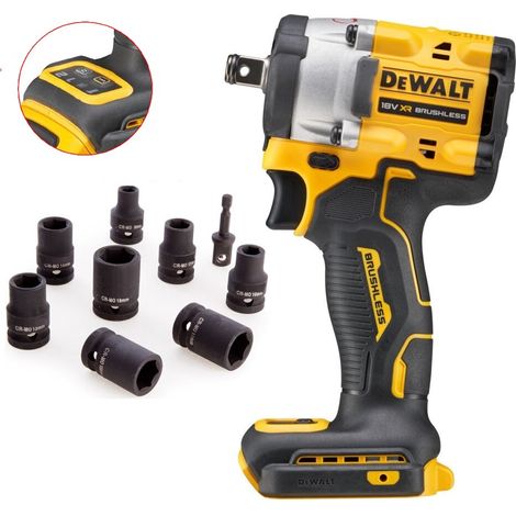 Dewalt 18v XR DCF921N Brushless 1/2"" Torque Wrench Compact + 9 Piece Socket Set (1/5)