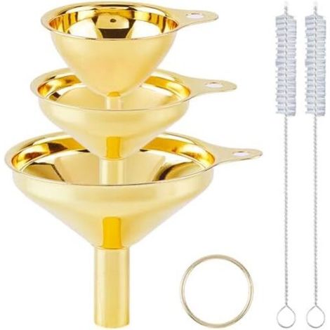Set of 3 Small Gold Stainless Steel Metal Funnels for Kitchen, Food Grade, with Cleaning Brushes, for Filling Essential Oil Bottles - (1/5)