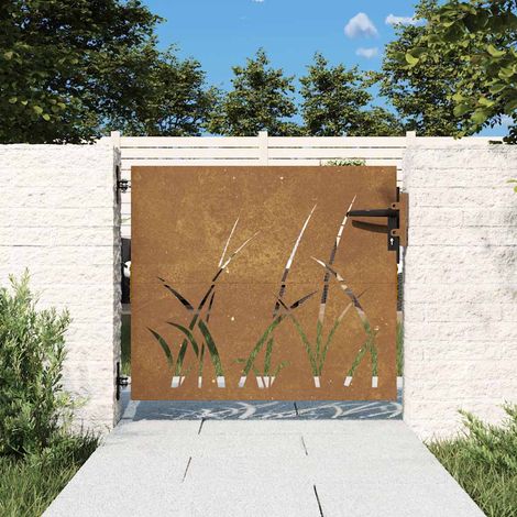 Portail de jardin 85 x 100 cm en acier Corten, motif gazon