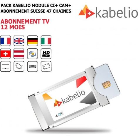 Pack Module Kabelio CI+ Cam + Abonnement Tv 12 mois bouquet Suisse 47 chaînes Européennes Françaises Allemandes Italiennes Anglaises